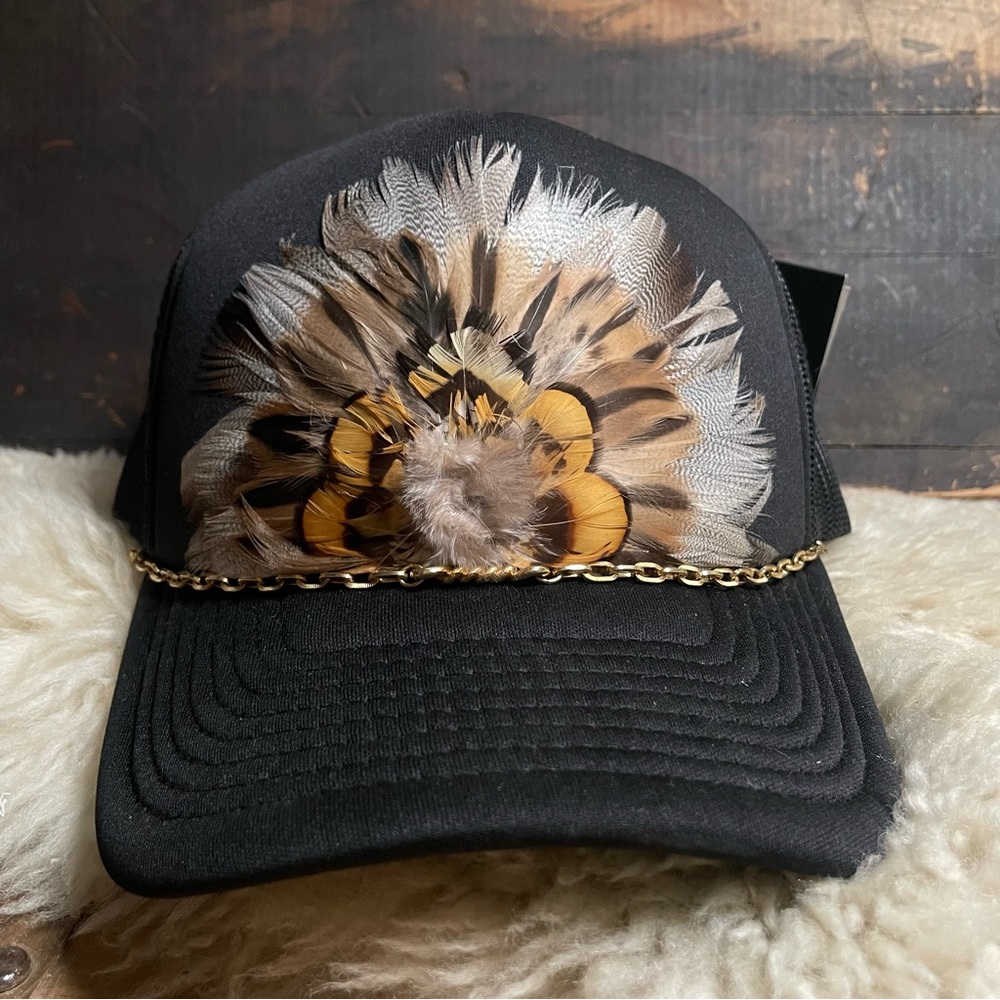 SOLD DM for custom! Black Trucker with Gold and White Feathers
